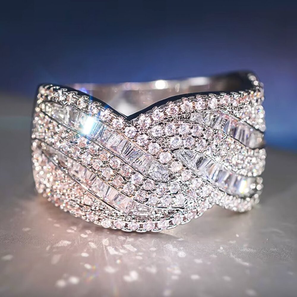 NEW 18k White Gold Pave Diamond Ring Band Wide Statement Ring